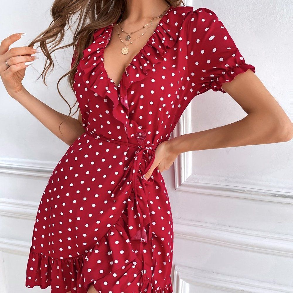 New Polka Dot Print Belted Wrap Dress Red 226